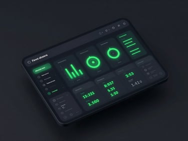 Abstract dark-mode UI of a personal finance dashboard with glowing green data visualizations, sleek 3d render, isometric perspective.