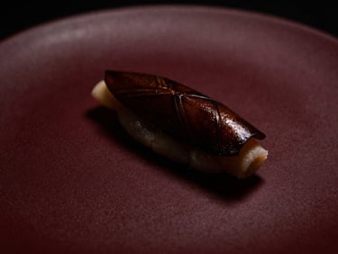 Close-up of an impeccably plated modern dish under dramatic side-lighting, deep shadows, rich burgundy and bronze tones, shallow depth of field, 35mm.