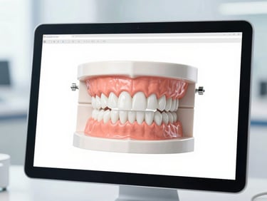 High-key macro shot of modern dental planning software showing a 3D digital model of teeth on a screen, clean clinical background with soft blue tones