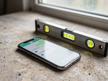 Smartphone lying on a dusty work surface beside a spirit level, WhatsApp conversation visible on screen showing an incoming service request message, natural overcast daylight from a nearby window, no faces