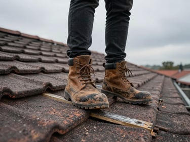 Roofer's dusty boots standing on fresh roof tiles, overcast morning sky, scaffolding plank visible beneath feet, wide shot looking down from roof level, no faces