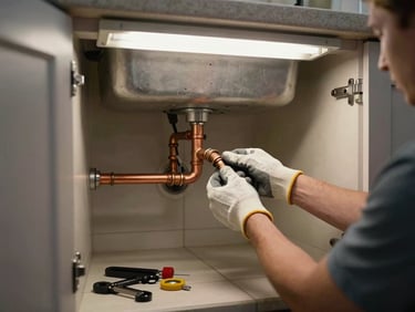 Plumber's gloved hands connecting copper pipes under a kitchen sink, overhead fluorescent site light, open cabinet doors, tools laid out on tile floor below, no faces