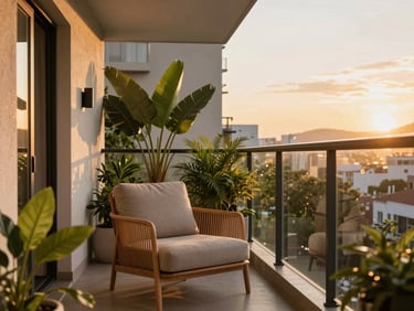 Cozy modern apartment balcony at sunset in Vila Madalena, green plants, warm golden light, comfortable outdoor armchair, 35mm
