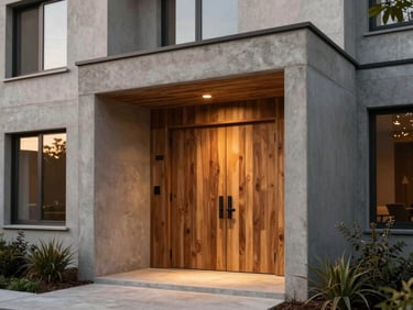 Modern residential building entrance in Jardins, concrete and wood textures, warm lighting, architectural details, 35mm