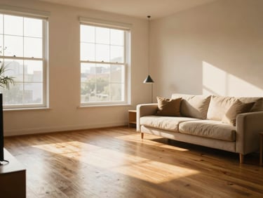 Bright sunlit apartment living room in Pinheiros, wooden floors, large windows with morning light, minimalist warm decor, 35mm