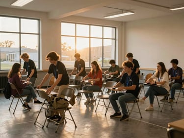 Wide environmental shot of volunteers setting up folding chairs in a community center room, golden late-afternoon light through high windows, relaxed and purposeful movement