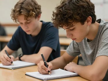 Close-up of two teenagers at a table in a community center, leaning in over notebooks, warm available indoor light, candid unposed moment
