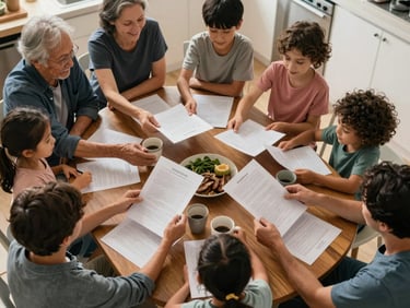 Overhead view of a multigenerational family group around a kitchen table, hands passing papers and cups, warm afternoon light, candid moment of shared activity