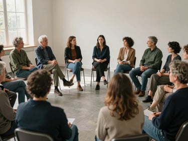 Wide shot of a diverse group of adults seated in a circle in a community hall, hands visible, relaxed conversation, soft natural window light from one side