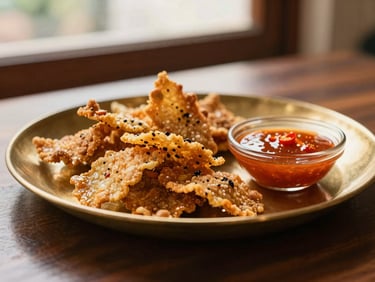 Warm editorial food photography of crispy Thai appetizers on a textured brass platter, sweet chili dip, shallow depth of field