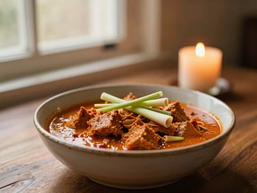 Warm editorial food photography of a slow-cooked red curry in a vintage ceramic bowl, fresh lemongrass garnish, soft candlelight