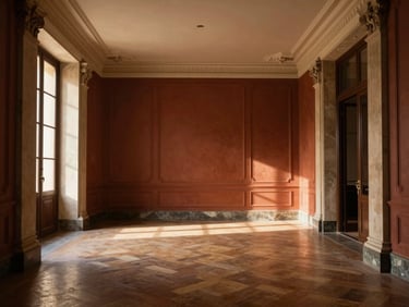 Warm editorial photography of elegant empty interior of a Barcelona Eixample apartment, high ceilings, natural light, architectural focus, 35mm