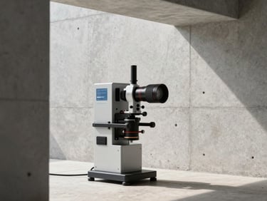 Precise scientific equipment with a micro-bait station placed discreetly near a clean concrete wall, bright daylight, architectural framing.