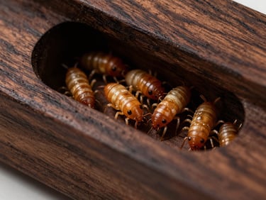Macro shot of drywood termite tunnels inside a premium dark walnut wood structure, clinical lighting, sharp focus on wood grain.