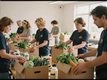 Candid documentary shot of volunteers of various ages packing cardboard boxes with fresh vegetables and supplies in a bright, sunlit community hall, warm tones, 35mm film texture.