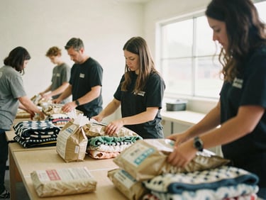 A warm candid shot of volunteers organizing pet food bags and blankets inside a brightly lit animal shelter, soft natural daylight, 35mm film texture.