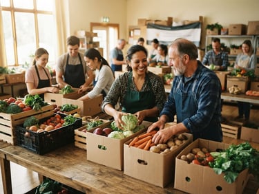 Candid documentary photo of volunteers packing cardboard boxes of fresh vegetables in a warm daylight community center, 35mm film texture