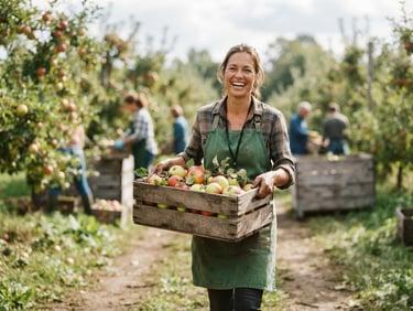 A medium shot of a volunteer smiling while carrying a wooden crate of fresh organic apples, warm documentary photography, soft natural daylight, 35mm film texture.