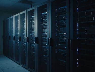 Cinematic wide shot of an organized server rack room, bathed in cool blue LED glows and deep shadows, 35mm film style.