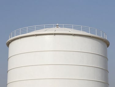 Wide environmental shot of a large, clean water storage tank installed against a clear Rajasthan sky, emphasizing its integration into a modern architectural setting.