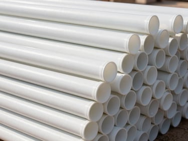 Wide environmental shot of PVC pipes stacked on a clean construction site in Udaipur under bright daylight, emphasizing bulk inventory and direct-to-site dispatch.
