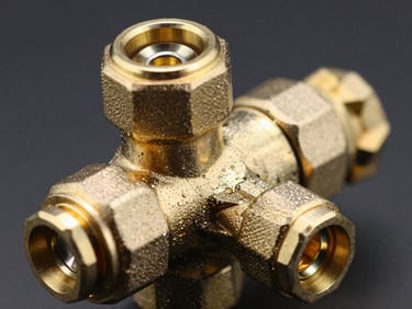 Macro detail shot of a polished brass diverter cartridge, highlighting machining details and reflective surfaces under high-contrast lighting.