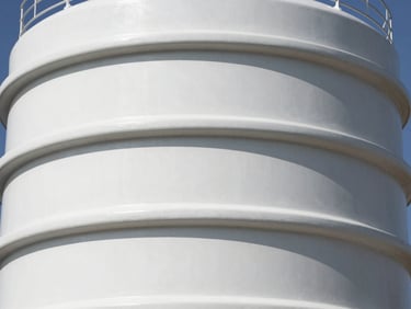 Macro shot of a large, industrial-grade Sintex water tank, showing multi-layer construction, clean studio lighting, high-contrast cool tones, 50mm lens.