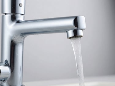 Macro shot of a modern, minimalist polished chrome faucet, showing water flowing smoothly, crisp studio lighting, sharp focus.