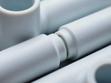 Extreme close-up macro shot of CPVC pipe joints, showing smooth, clean connections and material texture under crisp studio lighting.