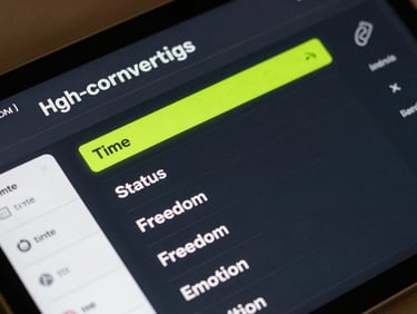 Close-up technical UI mockup of the copywriting dashboard, displaying high-converting ad variants categorized under Time, Status, Freedom, and Emotion, glowing electric lime accents on a deep obsidian interface.