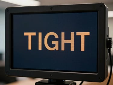 Tight, objective close-up of a digital teleprompter screen displaying raw text, stark contrast, deep slate and amber tones, un-stylized office lighting.