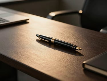 Cinematic medium close-up of a modern corporate law office desk, a fountain pen resting on dark leather, warm golden-hour light casting long shadows, premium aesthetic.