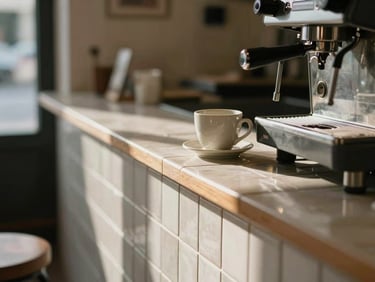 Close-up architectural detail of a cafe interior — a hand-laid tile counter edge catching midday window light, a ceramic cup resting on the surface, espresso machine partially visible to the right, shallow depth of field, warm natural tones, no people fully in frame but a blurred figure suggesting activity