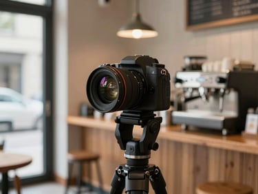 Close-up framing of a 360-degree camera mounted on a tripod inside a warmly lit cafe, daylight from a side window catching the lens dome, wooden counter and espresso machine softly out of focus in the background