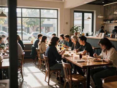 Wide interior shot of a busy artisanal restaurant, midday sunlight streaming through large windows onto a long wooden communal table, real diners seated, a counter visible at the back with bottles and glassware, warm natural tones, captured from the room's threshold as a first visitor would see it