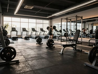 Wide environmental shot of a modern gym floor at early morning, natural light cutting across rows of free weights and a squat rack, a single member mid-lift in the background, exposed ceiling ducts, rubber flooring texture visible in the foreground, no posed staff, captured from the gym entrance