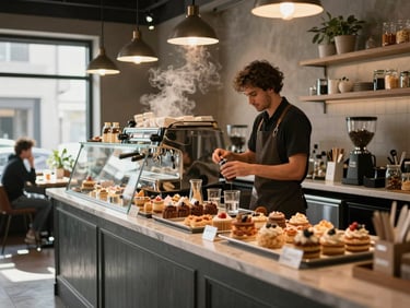 Wide shot inside a trendy cafe at midday, barista working behind a counter lined with pastry displays, warm overhead light catching steam rising from an espresso machine, a patron seated at a window table in the background