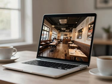 Medium shot of a laptop screen displaying an embedded 360 virtual tour of a restaurant interior, the screen angled on a clean desk with a coffee cup beside it, soft window light from the left