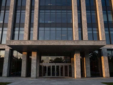 Modern corporate headquarters entrance, symmetrical concrete pillars, glass facade reflecting golden hour sky, 35mm