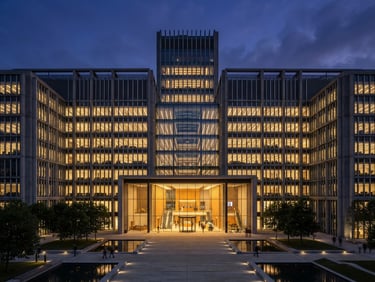 Symmetrical wide-angle architectural shot of a modern steel and concrete corporate headquarters at twilight, sharp focus, gold interior light spilling out, 35mm