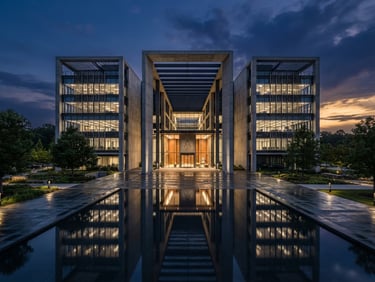 Symmetrical wide-angle architectural shot of a modern concrete and steel corporate headquarters at twilight, sharp focus, 35mm