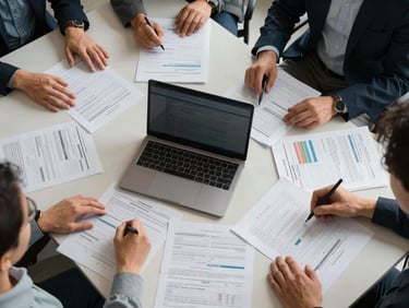 Overhead shot of a small business team gathered around a conference table covered with operational reports and a laptop, hands on documents, professional studio lighting, no faces dominating the frame, active work-in-progress documentary framing