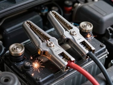 Close-up of heavy-duty jump start cables clamped to a car battery terminal in sharp technical lighting, sparks of electricity visible, dark engine bay surrounding
