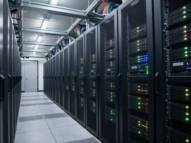 Government data center corridor, tall server racks with blinking status LEDs, overhead cable trays organized in neat runs, clean white overhead lighting, medium-wide shot down the aisle