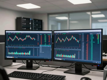 Close shot of a banking operations floor, dual monitors showing financial transaction dashboards, clean overhead lighting, visible server rack through glass partition in the background