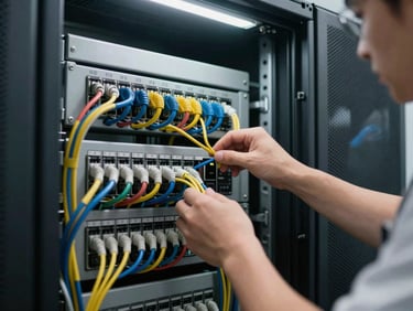 Retail back-office server room, patch panel close-up with neat cable runs colour-coded by function, a technician's hands visible mid-installation, overhead strip lighting, tight environmental shot