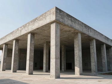 Wide-angle structural elevation of a commercial concrete building, massive poured-in-place columns, raw aggregate textures under harsh midday sun