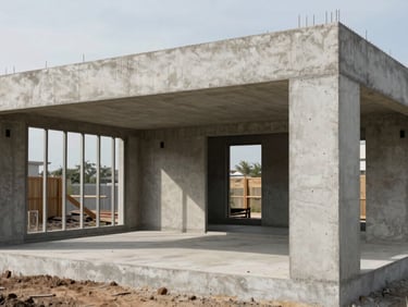 Wide shot of poured-in-place concrete framing for a modern residential build, clean geometric lines