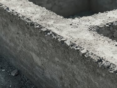 Close up of a heavy-duty concrete foundation curing, high contrast lighting revealing raw aggregate texture
