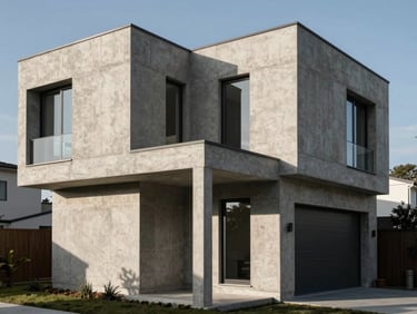 High-contrast architectural shot of a modern concrete-framed residential home, sharp geometric lines, morning light casting deep shadows on polished concrete surfaces